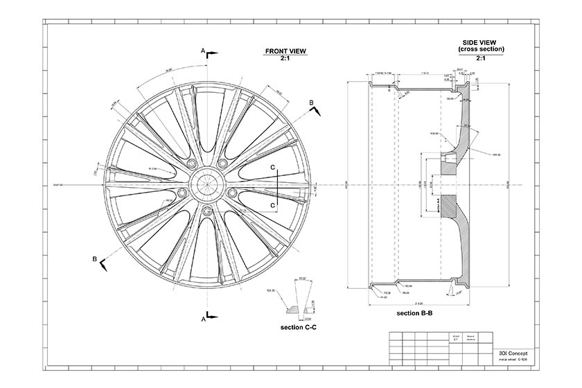 3Dデータを作成する際使用するホイール図面のサンプル。